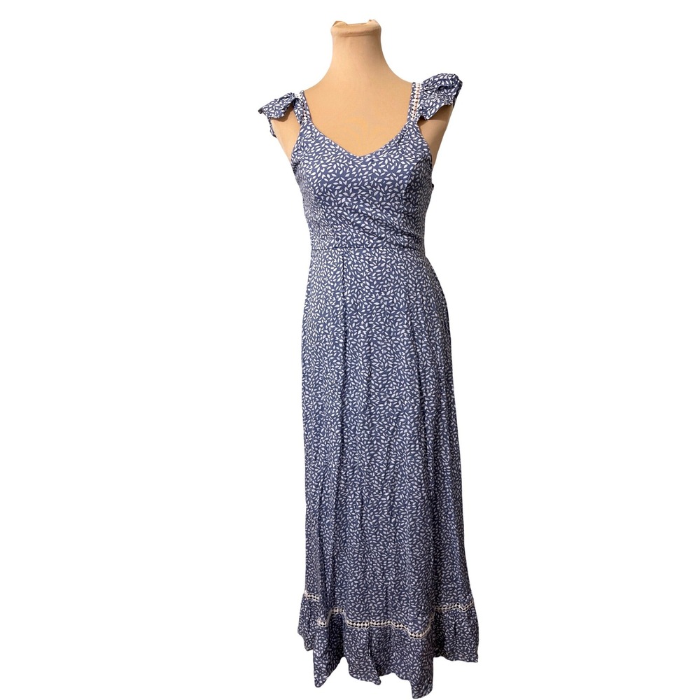 Japna Blue White Leaf Print Maxi Dress Smocked Boho Casual Flutter Sleeve XS